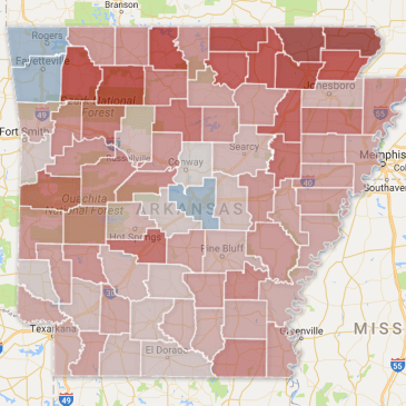 Map of Arkansas showing counties and the change in their votes between 2012 and 2016