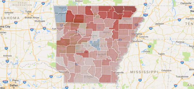 Map of Arkansas showing counties and the change in their votes between 2012 and 2016