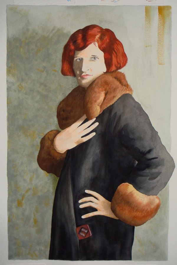 Watercolor painting of woman with red hair in sable-trimmed coat that has a red button.