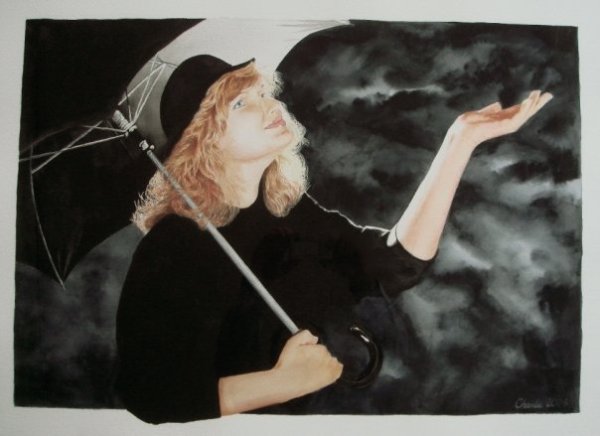 Watercolor painting of a woman holding an umbrella under ominous skies and her hand held out to catch the first raindrops.