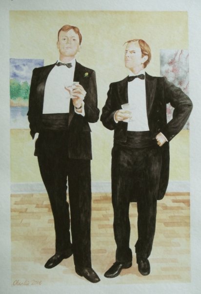 Watercolor painting of two men in an art gallery looking out of the painting at the viewer.