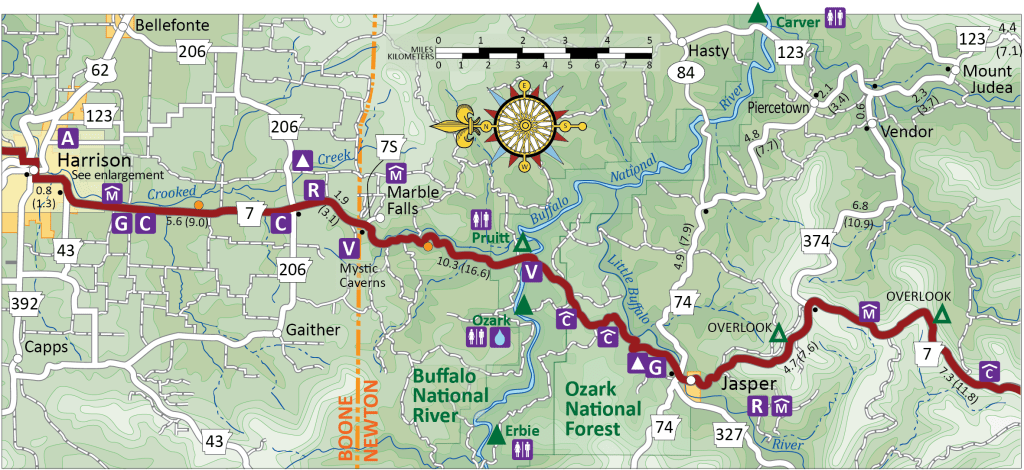 A section map of the Scenic Higway 7 route with topographic contours, elevation chart, shoulder and average traffic count.